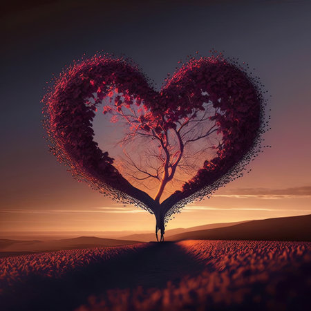 Valentine's Day. A Stunning Sunset Image of a Tree in the Shape of a Heart in a Field. Ai generated art illustrationの素材