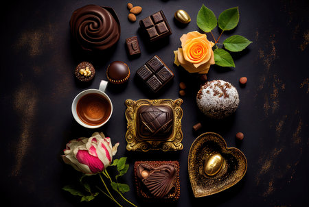 Stunning Image of a Wooden Table Set with Chocolates and Flowers for a Valentine's Day Celebration. Ai generated artの素材