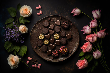 Image of a Wooden Table Set with Chocolates and Flowers for a Romantic Celebration. Valentine's Day Celebration. Ai generated artの素材