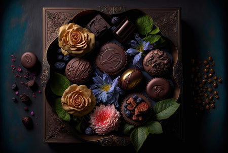 Image of a Wooden Table Set with Chocolates and Flowers for a Romantic Celebration. Valentine's Day Celebration. Ai generated artの素材