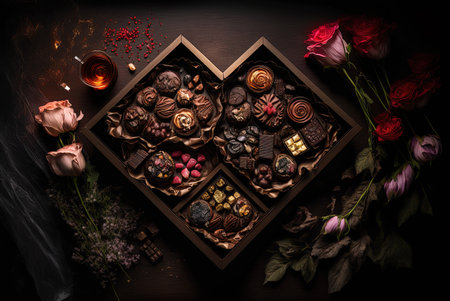 Beautiful Image of a Wooden Table Set with Chocolates and Flowers for a Valentine's Day Celebration. Ai generated artの素材