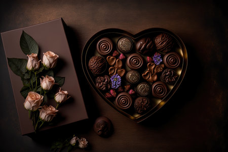 Beautiful Image of a Wooden Table Set with Chocolates and Flowers for a Valentine's Day Celebration. Ai generated artの素材