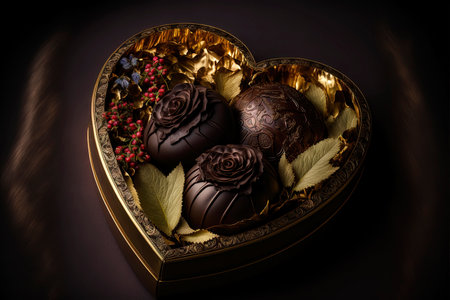 Image of a Wooden Table Set with Chocolates and Flowers for a Romantic Celebration. Valentine's Day Celebration. Ai generated artの素材