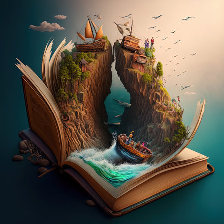 Fantastic worlds in open storybook pages. Concept art of dream travels and adventure stories. Storytelling concept. Ai generated artの素材