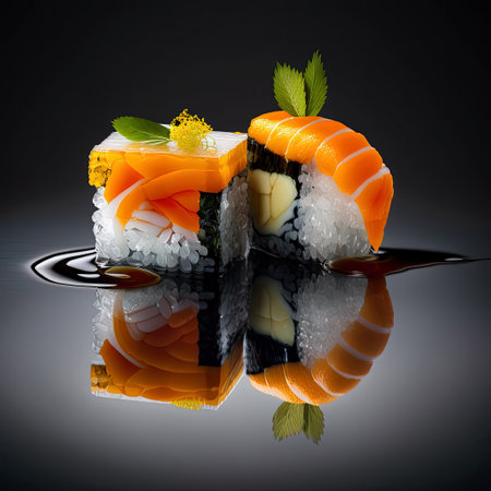 Mouthwatering Photography of Sushi on Sleek Black Background. Ai generated artの素材