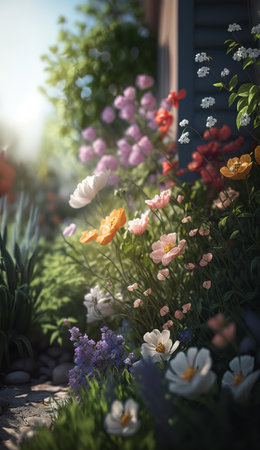 Flowers season on a bright Spring Day. Garden Flowers in a Vibrant cottage garden style. Ai generated artの素材