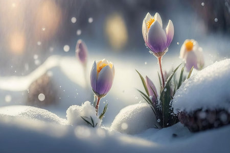 First spring flowers. Blooming purple crocus flowers covered snow with blurry bokeh and sparkling detail. Ai generated artの素材