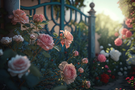 Beautiful Rose Flowers season on a bright Spring Day. Garden Flowers in a Vibrant cottage garden style. Ai generated artの素材