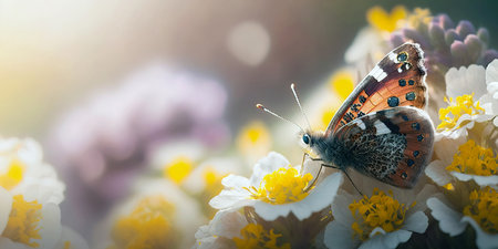 Beautiful butterfly Fluttering Amongst the colorful Spring Flowers. Blooming Flowers with amazing Bokeh and Featuring a elegant butterfly at beautiful Sunrise. Ai generated artの素材