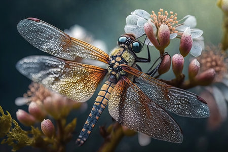 Dragonfly resting on colorful Spring Flowers. Blooming Flowers with amazing Bokeh and Featuring a stunning Dragonfly. Ai generated artの素材