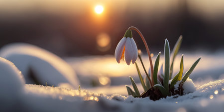 First spring flowers. Snowdrops flowers covered snow with blurry bokeh and sparkling detail at sunrise. Ai generated artの素材