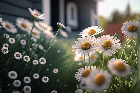 Daisies Flowers season on a Spring Day. Garden Flowers in a Vibrant cottage garden style. Ai generated artの素材