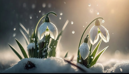 First spring flowers. Snowdrops flowers covered snow with blurry bokeh and sparkling detail at sunrise. Ai generated artの素材