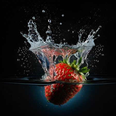 Juicy strawberry splash and submerge under water. Summer fruits concept. Generative AI.の素材