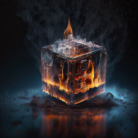 Conceptual image of an ice cube with fire or flames inside. abstract, creative, metaphoric and symbolic conceptual image. Ai generated artの素材