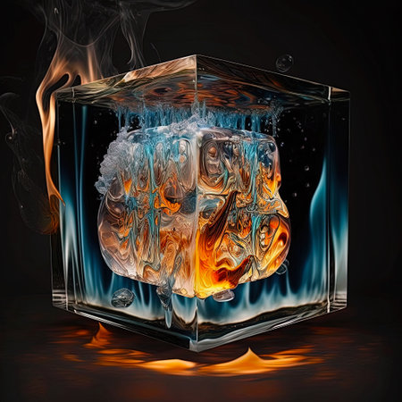 Conceptual image of an ice cube with fire or flames inside. abstract, creative, metaphoric and symbolic conceptual image. Ai generated artの素材