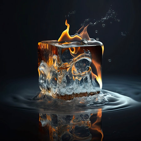Conceptual image of an ice cube with fire or flames inside. abstract, creative, metaphoric and symbolic conceptual image. Ai generated artの素材