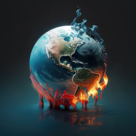 Conceptual image of planet earth burning and frozen due to climate change. Global warming, Climate change, Mass extinction concept. Ai generated artの素材