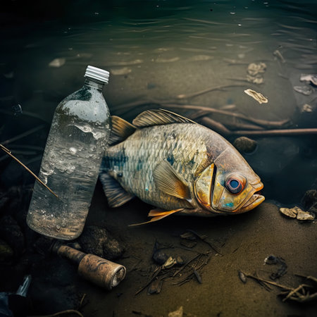 Dead fish with plastic trash in the ocean. Pollution in the seas and rivers by plastic waste. Environmental pollution concept. ai generated artの素材