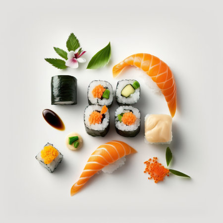 Assorted Japanese sushi, nigiri and maki pieces isolated on white background. Ai generated artの素材