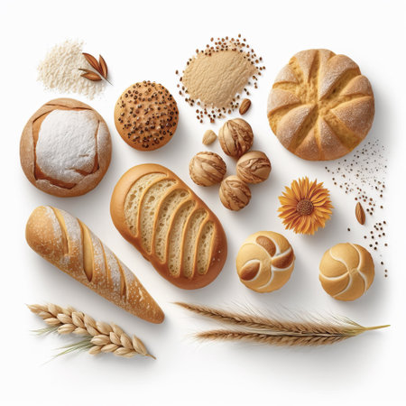 Assortment of delicious freshly baked traditional breads isolated on white background. Ai generated artの素材