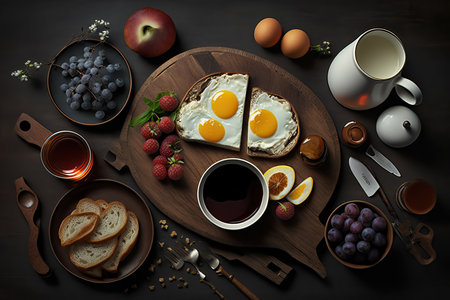 Rustic Wooden Table with a delicious, energetic and a healthy breakfast. Superfood for Health. Ai generated artの素材