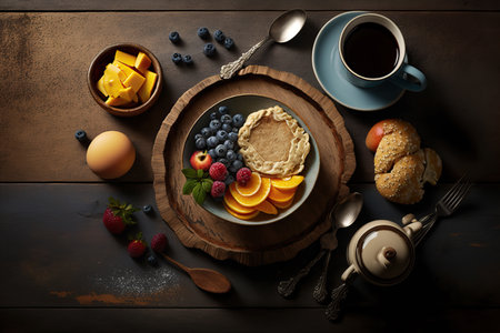Rustic Wooden Table with a delicious, energetic and a healthy breakfast. Superfood for Health. Ai generated artの素材