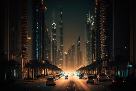 Cinematic scene of Dubai Cityscape. Illustration digital art background. Ai generated artの素材