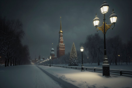 Cinematic scene of Moscow Cityscape. Illustration digital art background. Ai generated artの素材