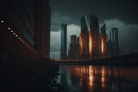 Cinematic scene of Moscow Cityscape. Illustration digital art background. Ai generated artの素材
