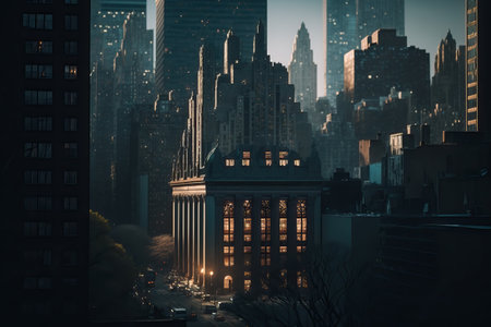 Cinematic scene of New York Cityscape. Illustration digital art background. Ai generated artの素材