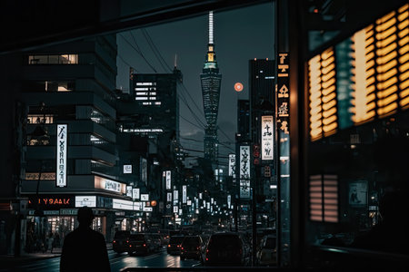 Cinematic scene of Tokyo Cityscape. Illustration digital art background. Ai generated artの素材