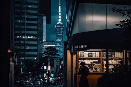 Cinematic scene of Tokyo Cityscape. Illustration digital art background. Ai generated artの素材