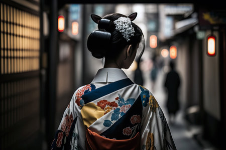 Cinematic scene of Tokyo Cityscape. Woman in traditional japanese kimono walking. Illustration digital art background. Ai generated artの素材
