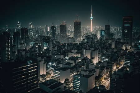 Cinematic scene of Tokyo Cityscape. Illustration digital art background. Ai generated artの素材