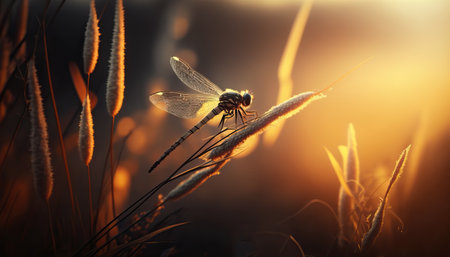 Stunning dragonfly portrait at sunset. Amazing super detailed nature photography. Ai generated artの素材