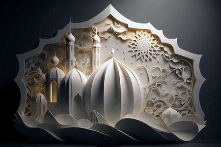 Paper art. Mosque and Crescent Islamic Moon. Ramadan concept. Generative AIの素材