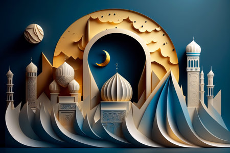 Paper art. Mosque and Crescent Islamic Moon. Ramadan concept. Generative AIの素材