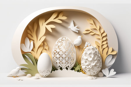 Paper cut illustration. Paper art easter week. Easter rabbit, easter eggs, birds and nest. Generative Aiの素材