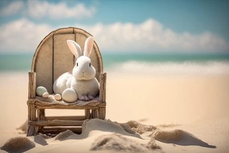 Easter Bunny with Easter eggs resting on the beach. Generative Aiの素材