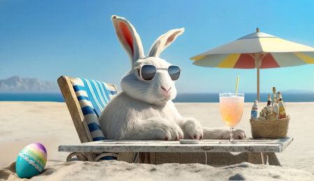 Easter Bunny in sunglasses with Easter eggs and drinking a cocktail on the beach. Generative Aiの素材