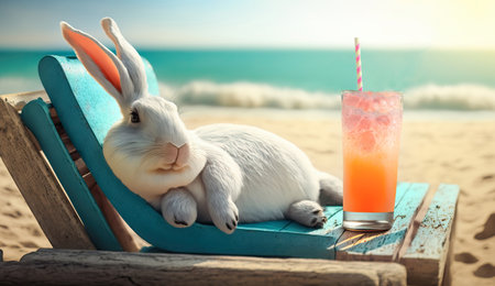 Easter Bunny in sunglasses drinking a cocktail resting on the beach. Generative Aiの素材