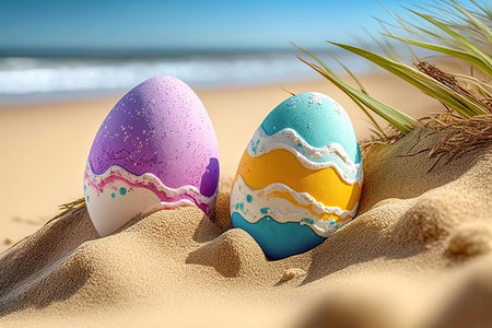 Colorful Easter eggs on the beach in sunny day. Easter concept. Generative Aiの素材