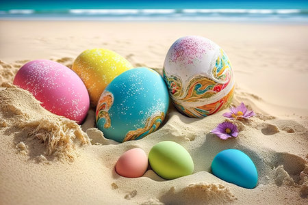 Colorful Easter eggs on the beach in sunny day. Easter concept. Generative Aiの素材