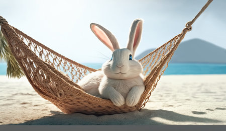 Easter Bunny lying in a hammock on a paradise beach. Generative Aiの素材