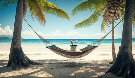 Easter Bunny in sunglasses lying in a hammock between palm trees on a paradise beach. Generative Aiの素材