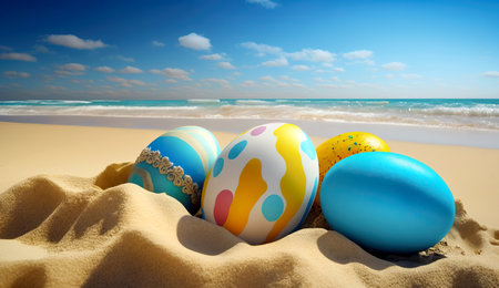 Colorful painted easter eggs on paradise beach with sea in the background. Generative Aiの素材