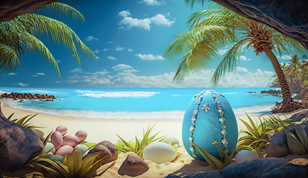 Colorful painted easter eggs on tropical beach with palm trees and turquoise sea in the background. Generative Aiの素材