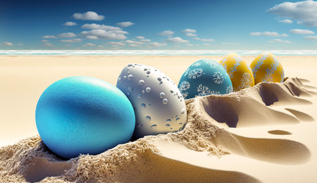 Colorful painted easter eggs on paradise beach with sea in the background. Generative Aiの素材