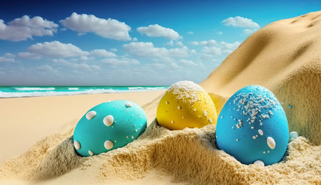 Colorful painted easter eggs on a paradise beach. Generative Ai. Generative Aiの素材